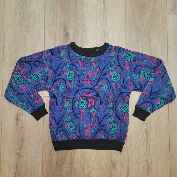 VTG 80s Bramble Lane Geometric Sweater Womens M Boxy Dropped Shoulder Acrylic - Picture 1 of 5